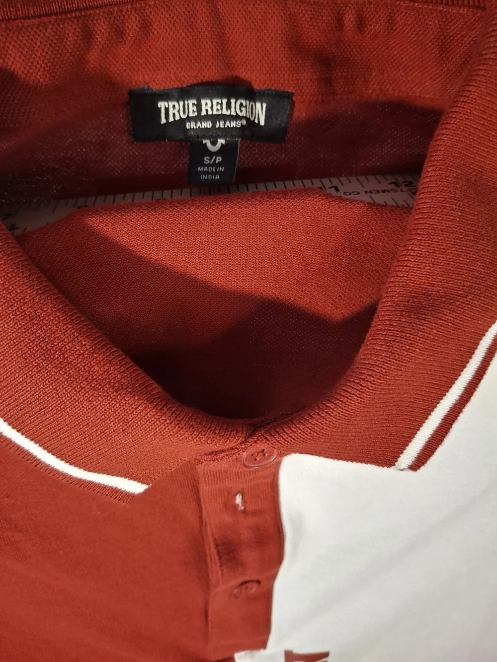 True Religion Split Maroon and White Polo